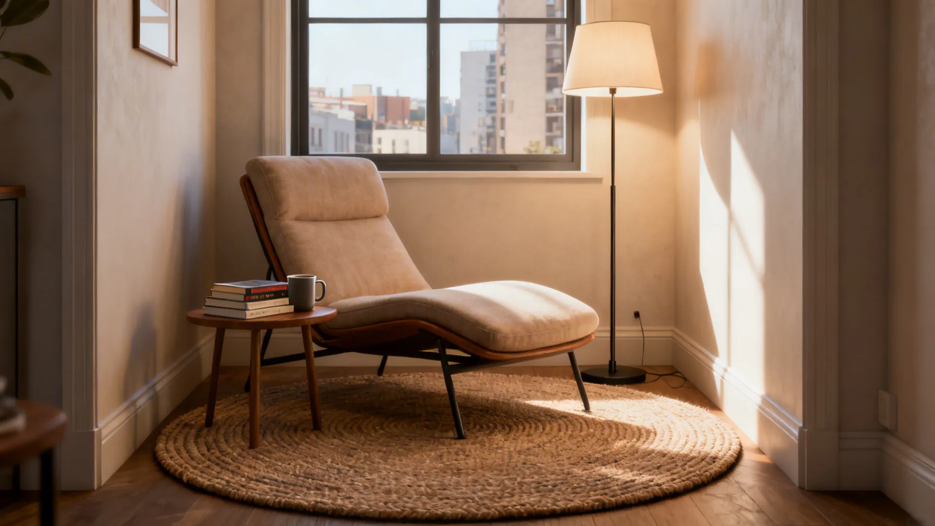 Small reading nook anchored by a compact round rug with lounge chair and lamp.