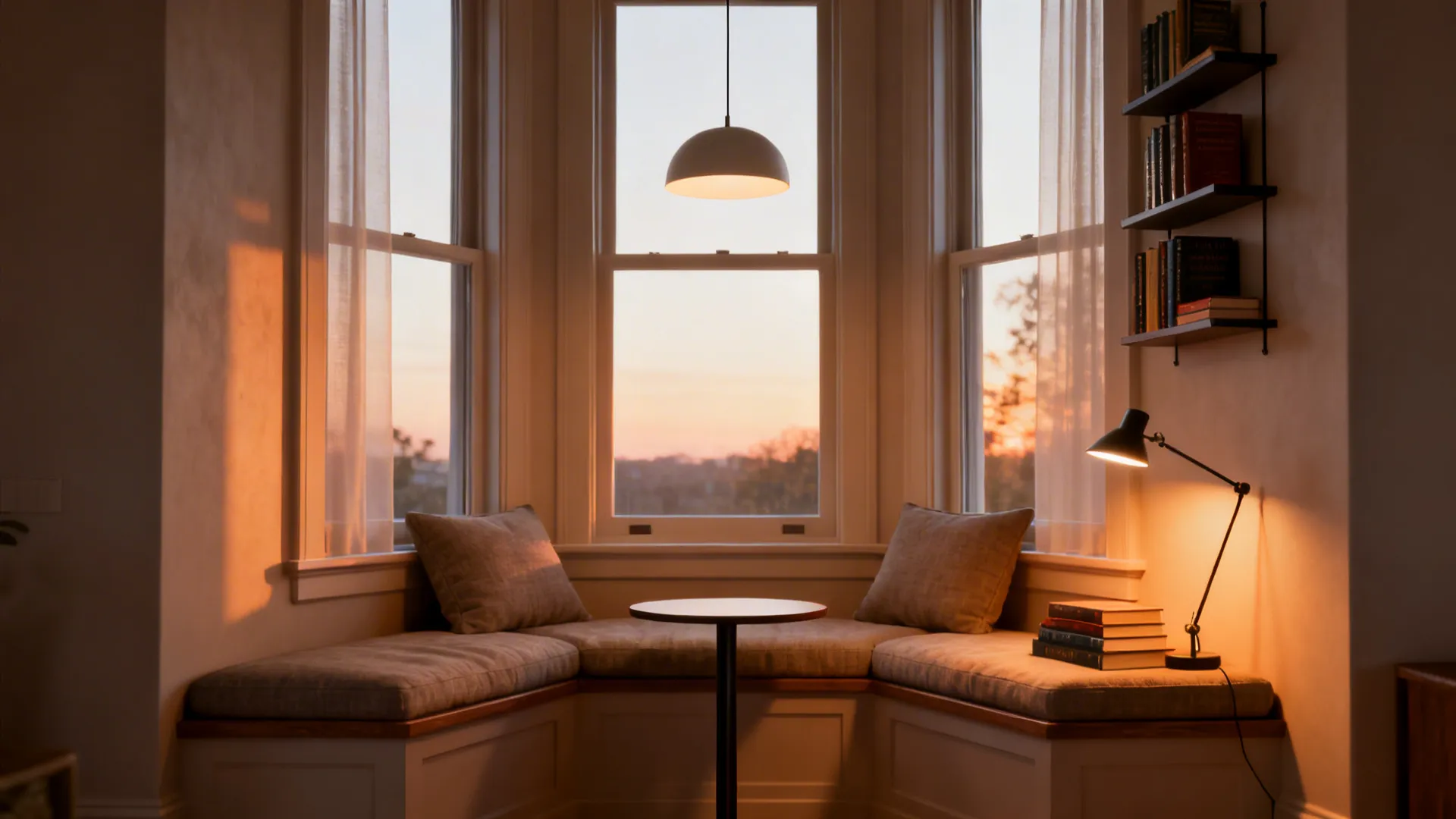 Cozy bay window reading nook with layered lighting, a cushioned seat, and a slim side table.