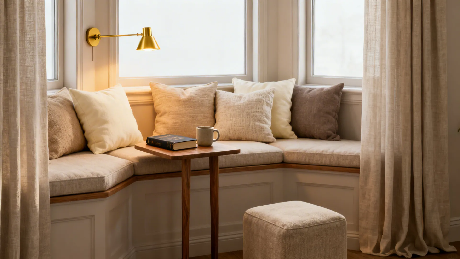 Comfortable window seating area with colorful pillows, small wooden table, wall light, and soft footrest.