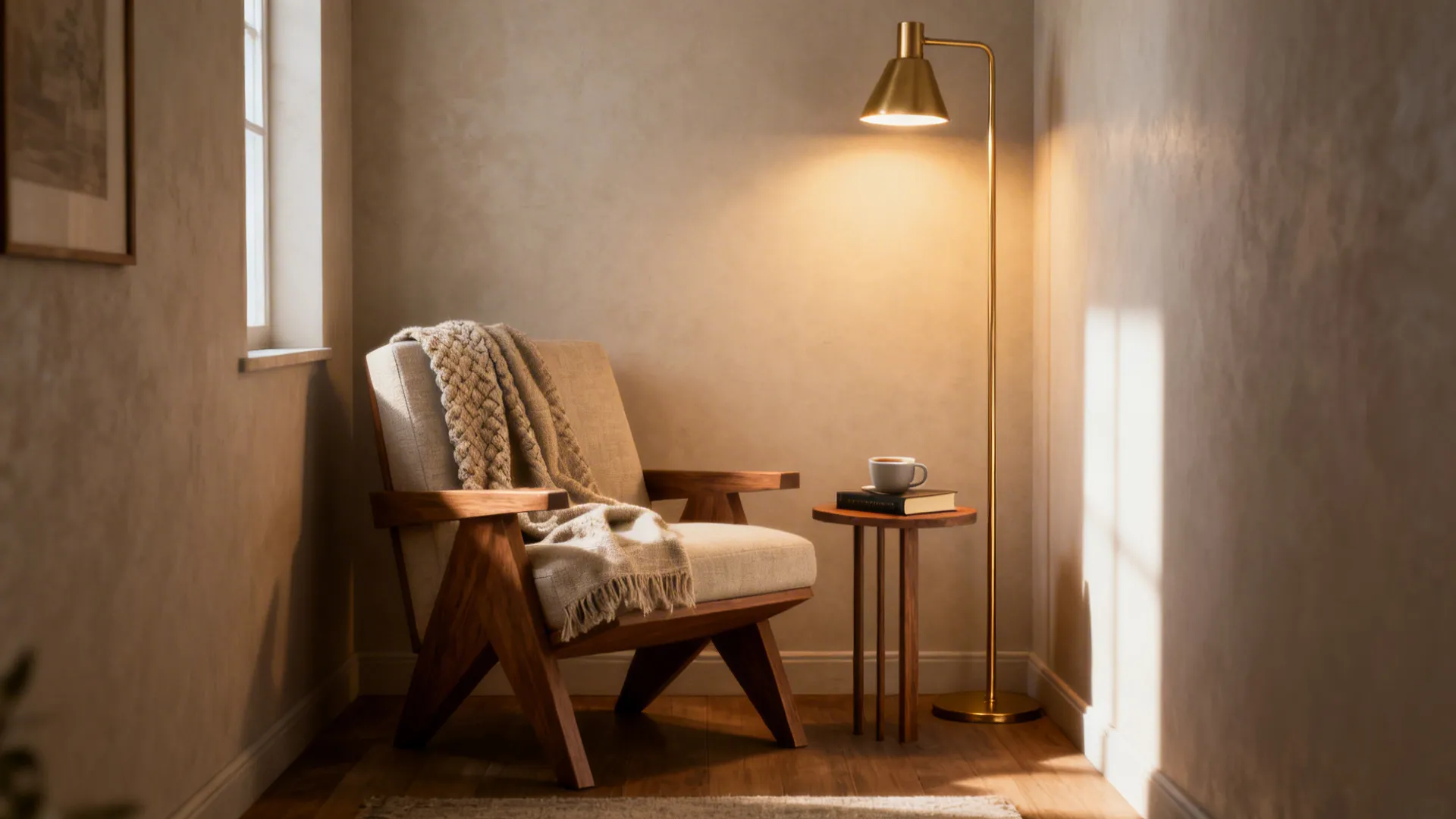Cozy reading corner featuring wooden chair with blanket, gold floor lamp, side table, and coffee