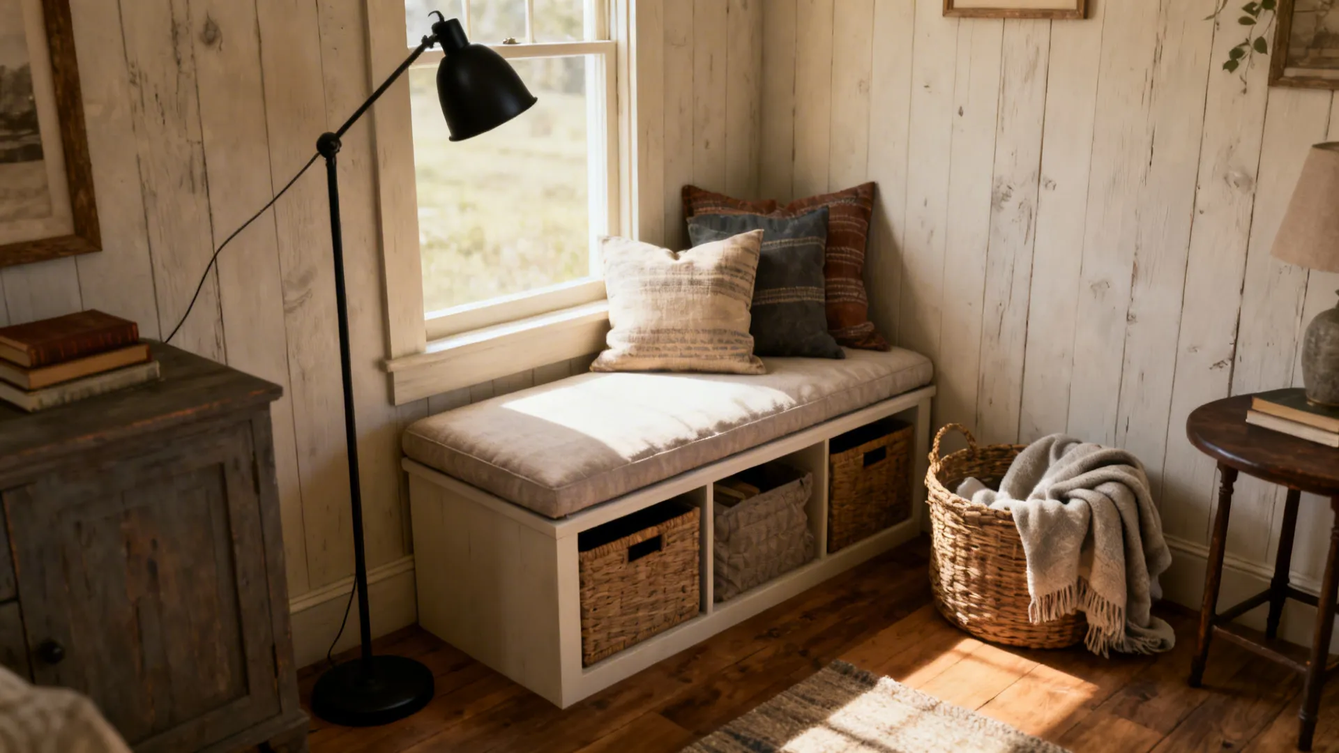 Cozy farmhouse reading nook with upholstered bench, storage ottoman, layered pillows and floor lamp