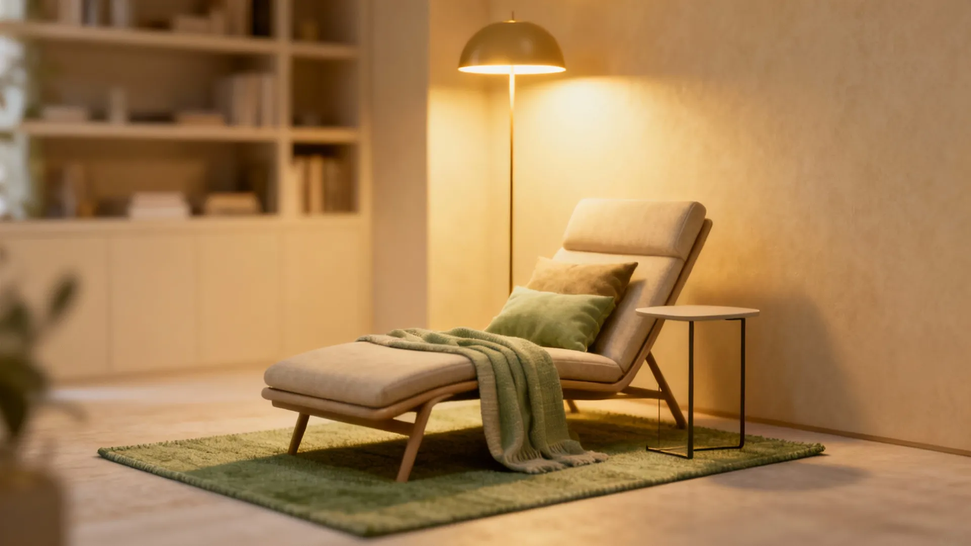 Cozy reading nook with a lounge chair on a 5x7 rug and a slim side table