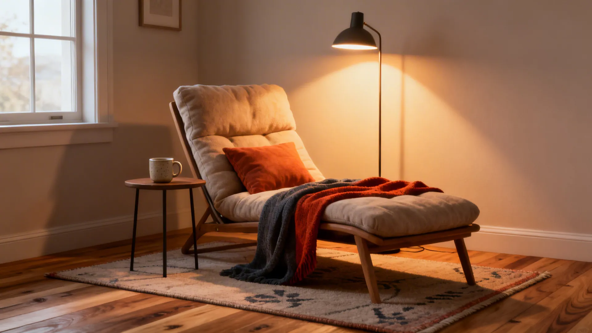 Cozy reading nook with beige sofa small side table floor lamp and rug near window