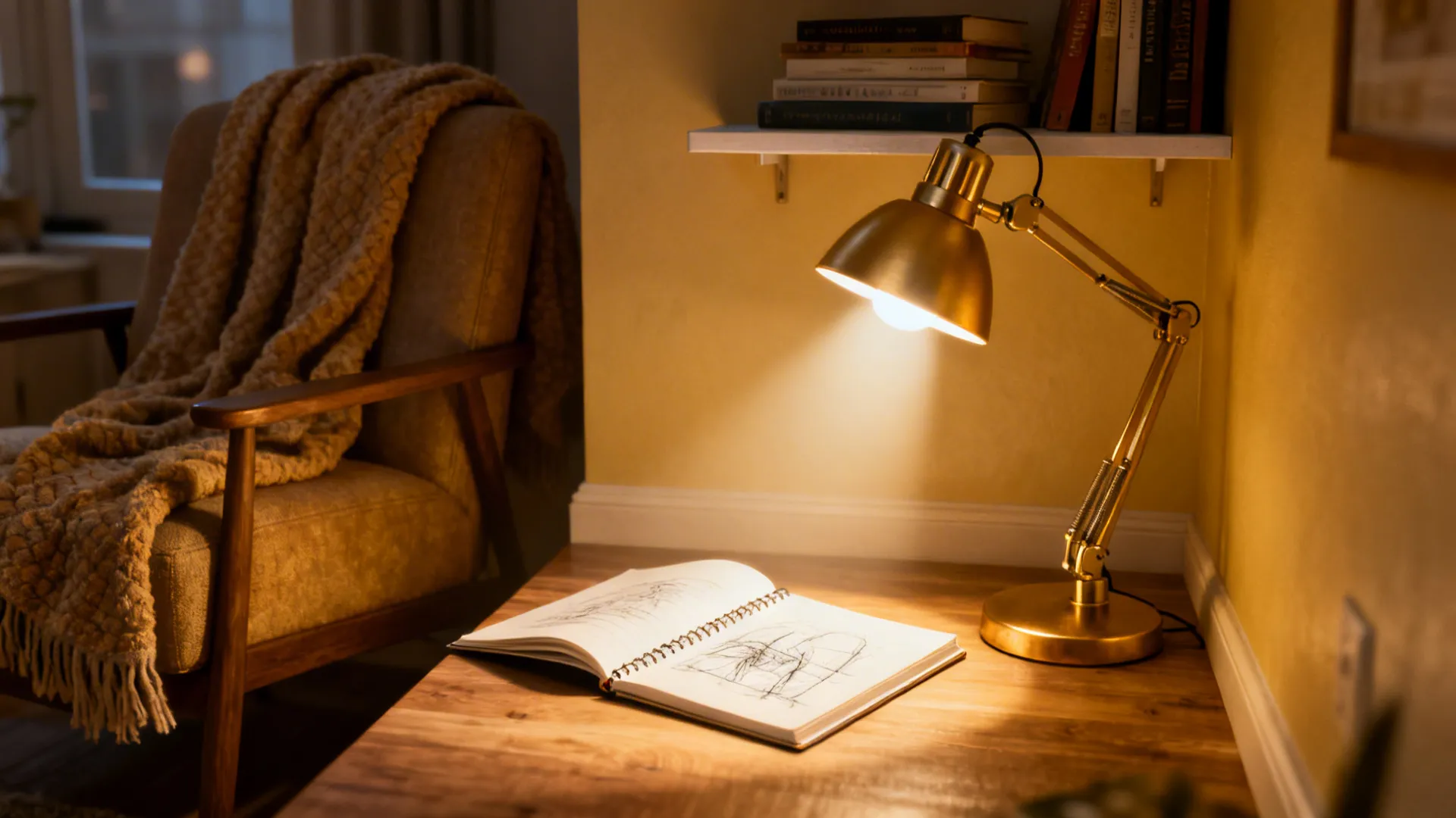 Compact reading nook lit by an adjustable 3-way lamp with a directional shade focused on a book
