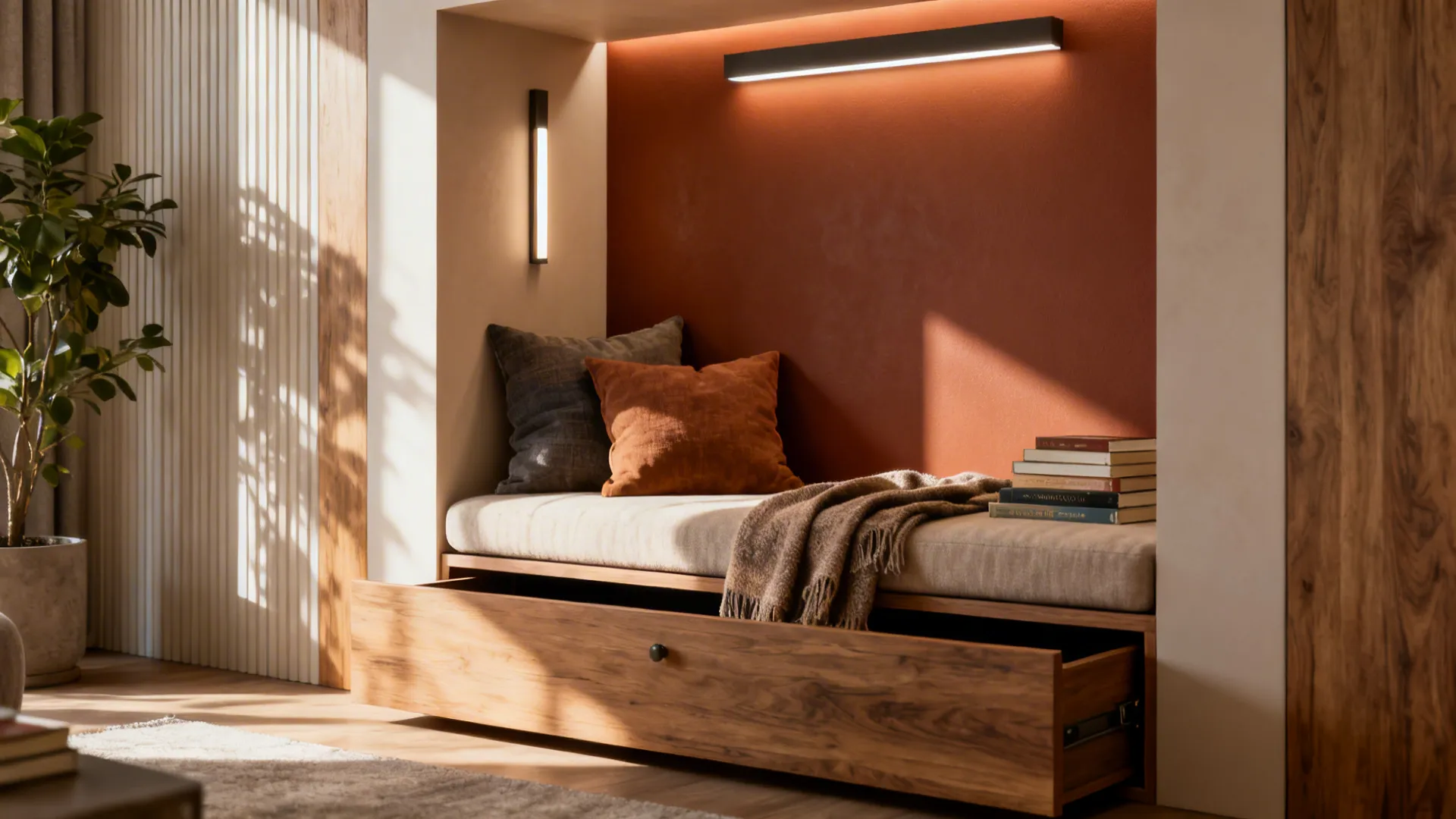 Alcove reading nook with cushioned bench, layered lighting and hidden drawer storage