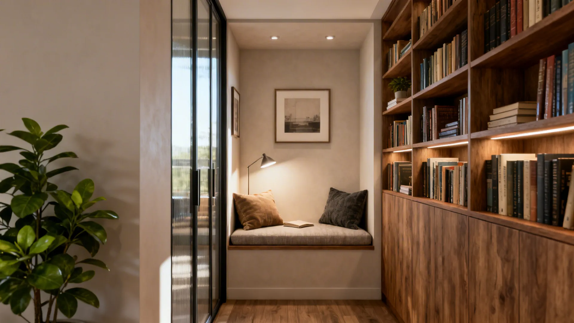 Alcove reading nook with floor-to-ceiling shelves, cushioned bench, and ambient lighting.