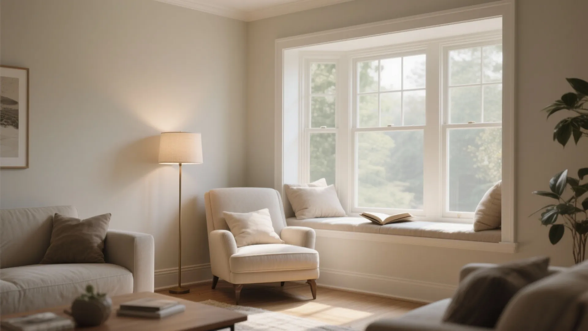 Cozy reading nook with white armchair floor lamp and bay window seat with soft pillows