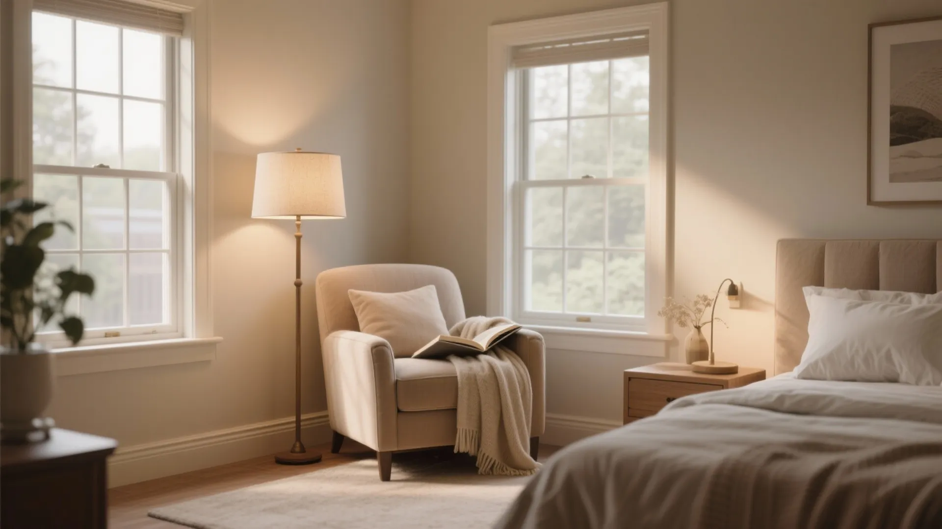 Cozy reading nook with armchair and lamp by bay window
