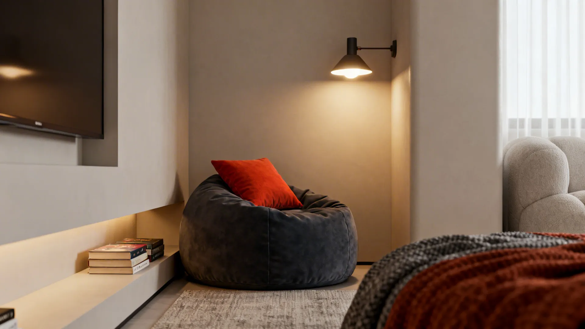 Corner reading nook with a compact bean bag, wall lamp, and narrow bookshelf