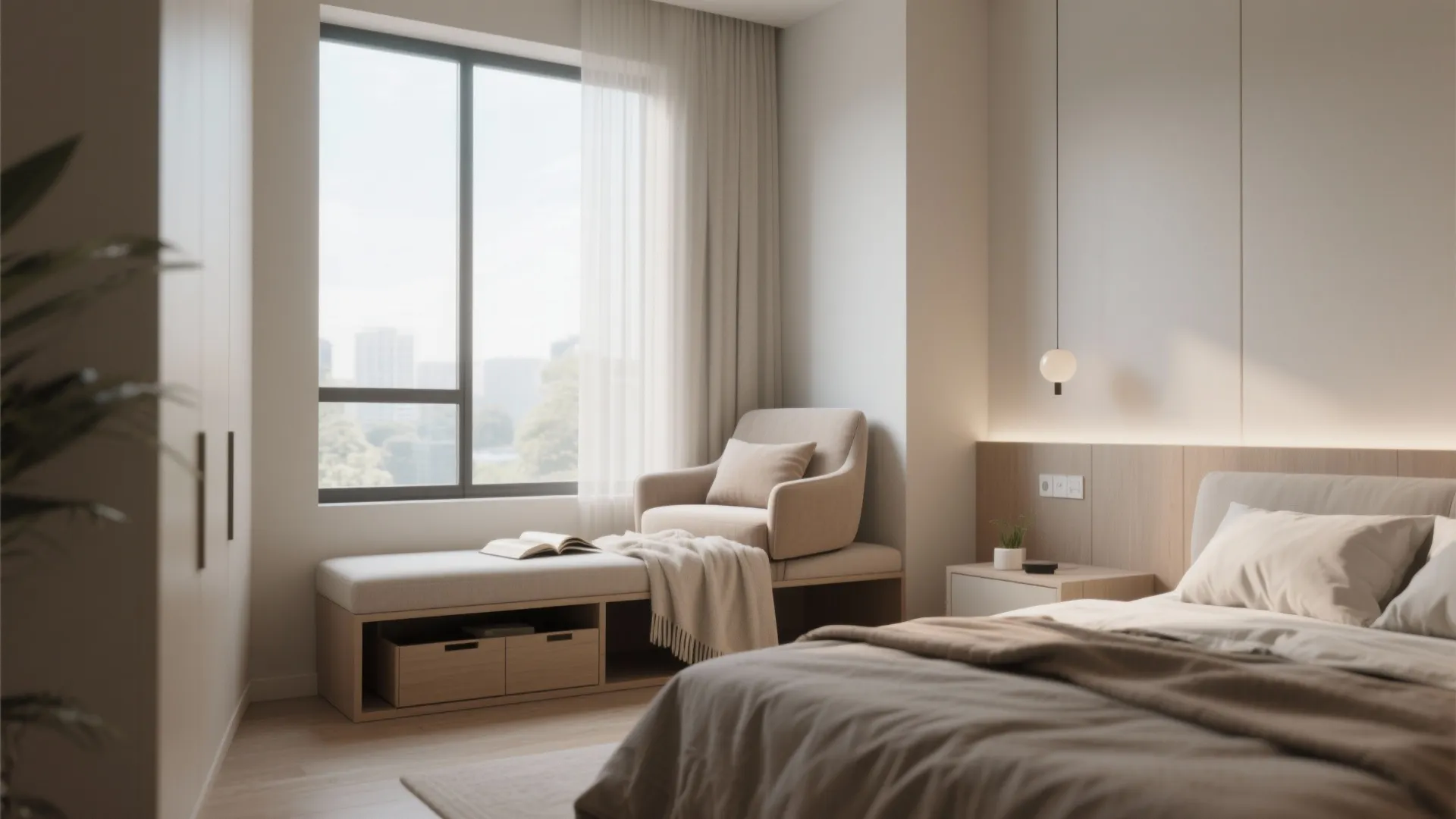 Cozy bedroom reading nook by a window with a small armchair and wooden storage bench