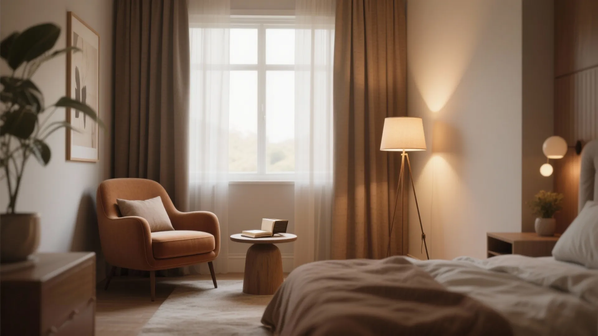 Cosy bedroom reading nook with orange armchair wooden side table floor lamp and large window