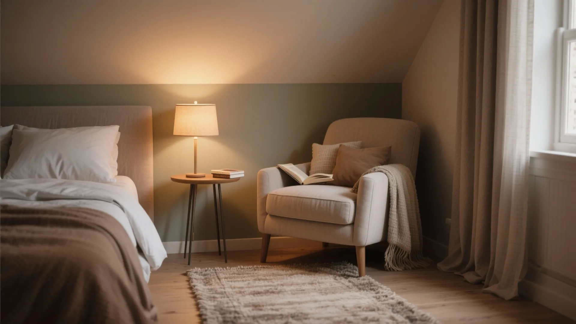 Cozy bedroom reading corner featuring a beige armchair small wooden side table and table lamp