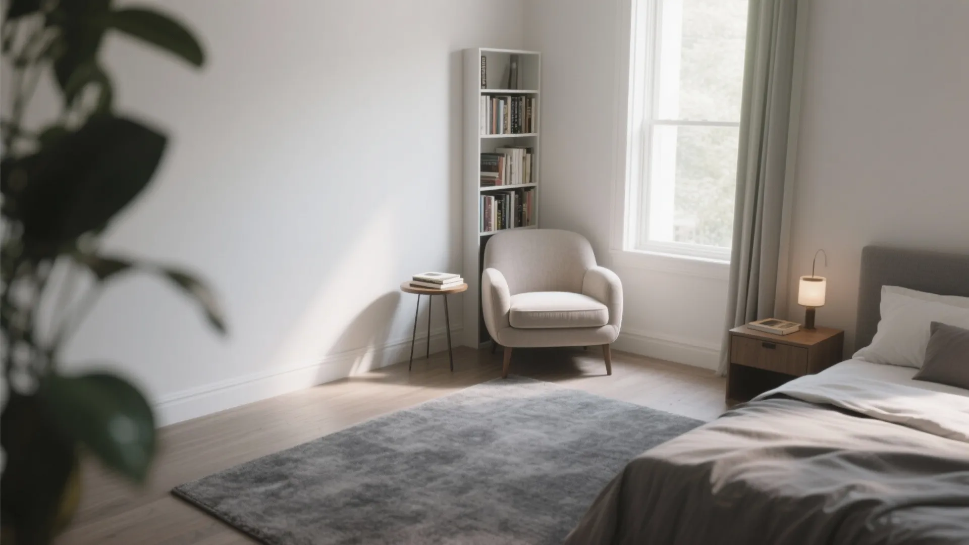 Bedroom corner reading nook with armchair, table, and bookshelf