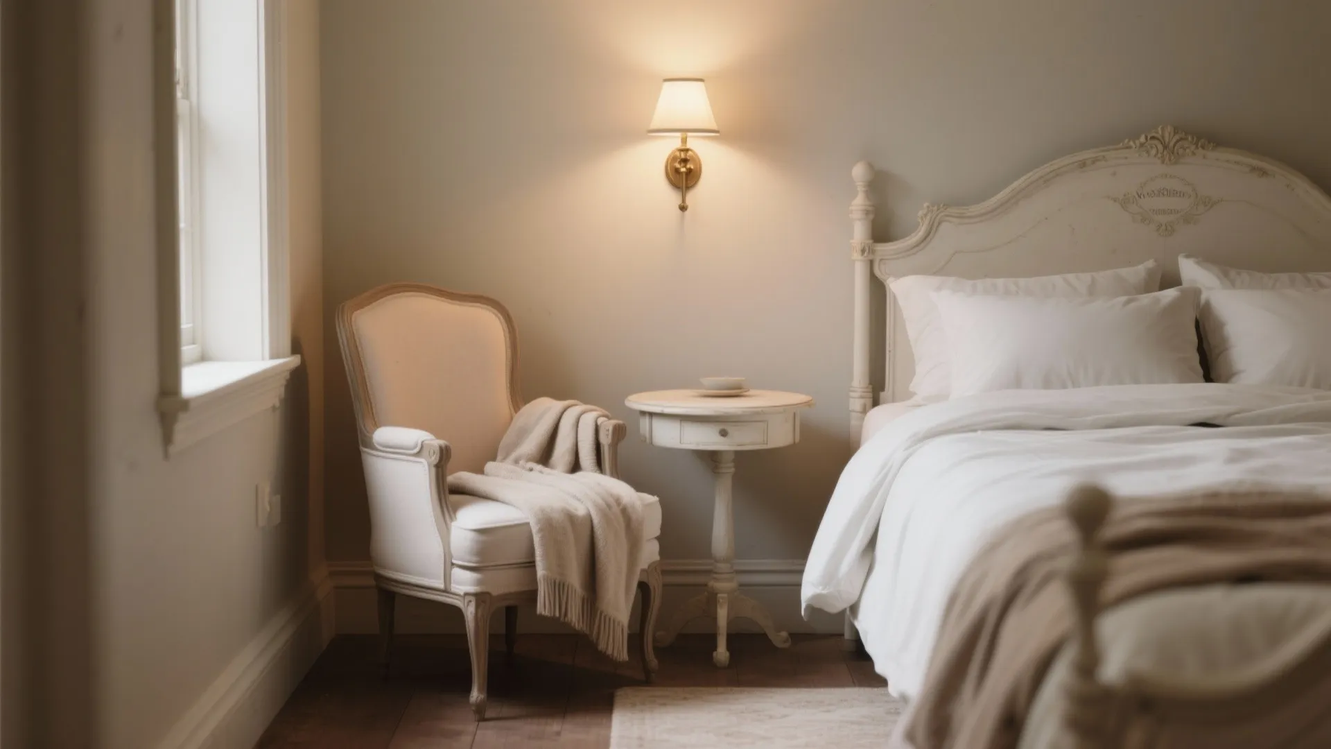 Cozy reading nook with slim armchair beside an antique white bed