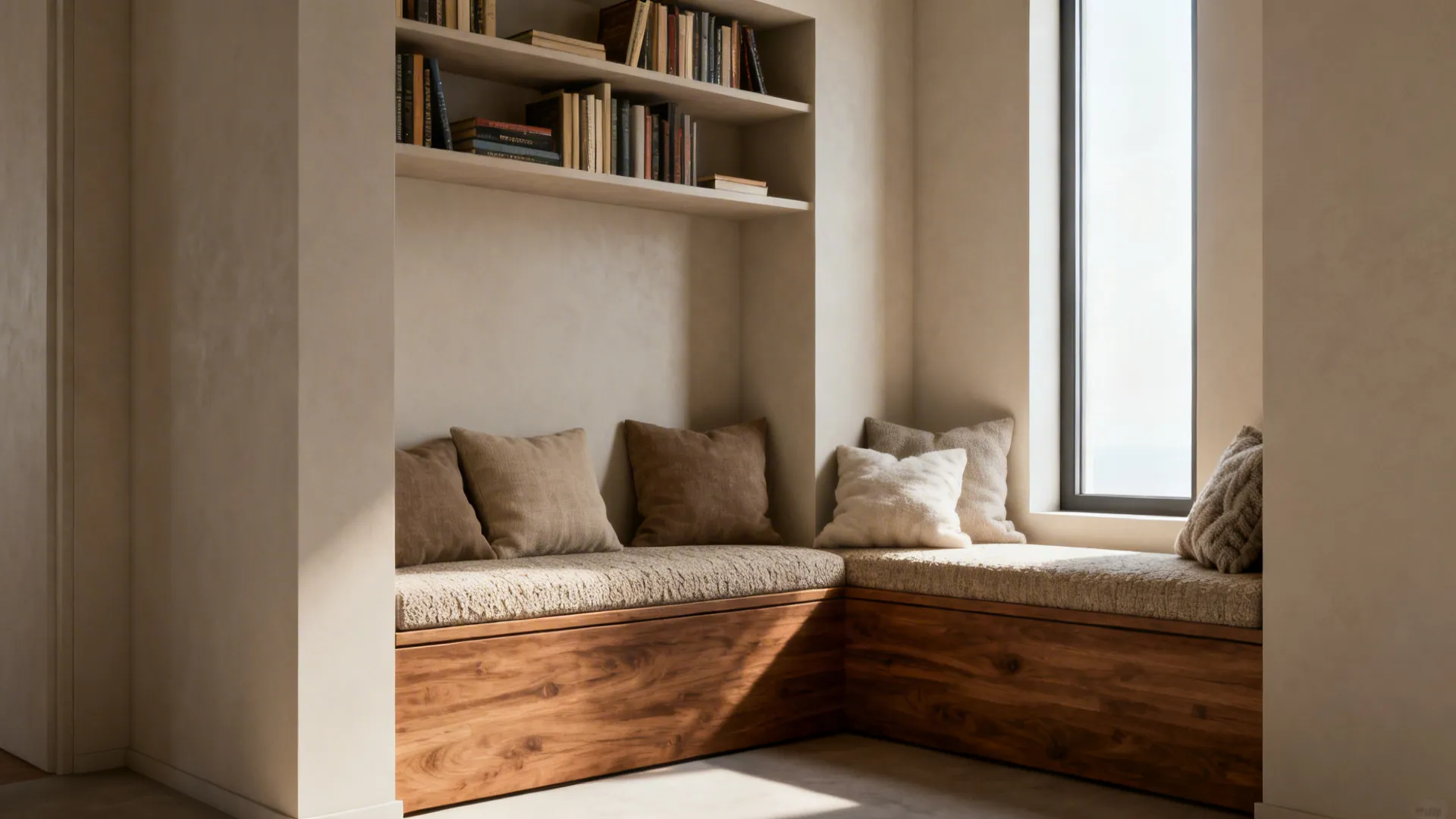 Cozy recessed reading bench with cushions and shelving in a small living room