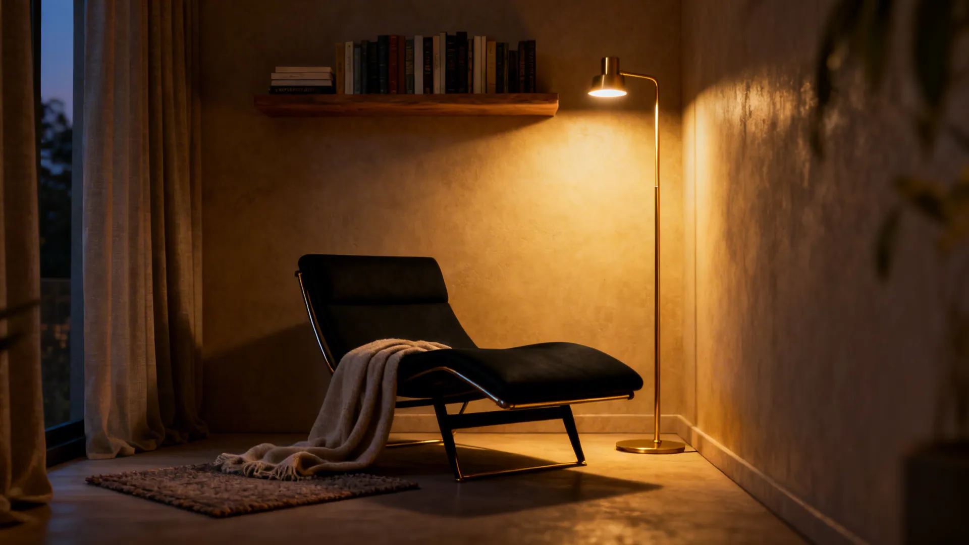 Cozy reading nook with a black lounge chair, slim lamp, and floating shelf of books.