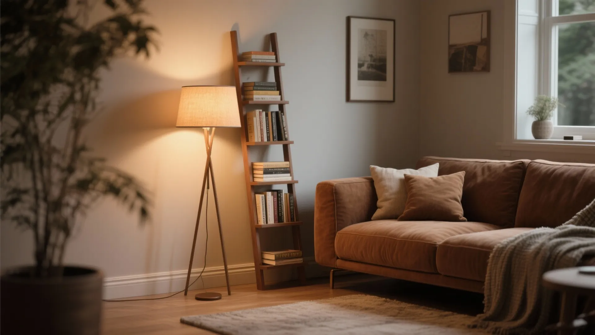 Brown sofa with tall shelf and warm reading light