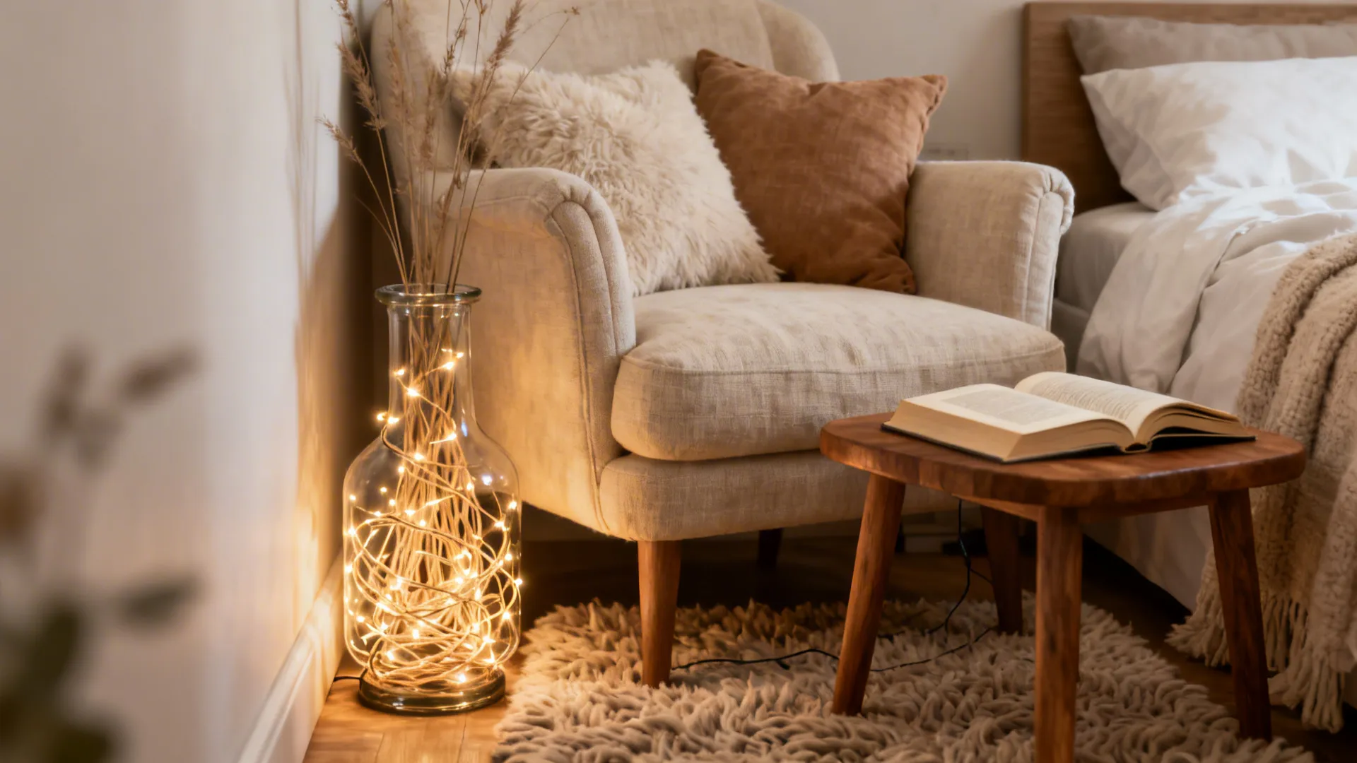 Small reading nook with a glass vase of bundled warm LED fairy lights beside a chair
