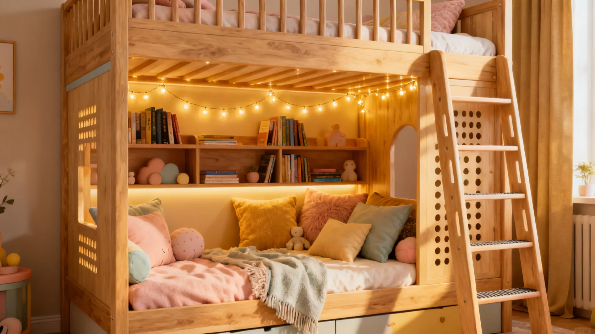 Children's bunk bed with a built-in cozy reading nook, cushions and soft lighting.