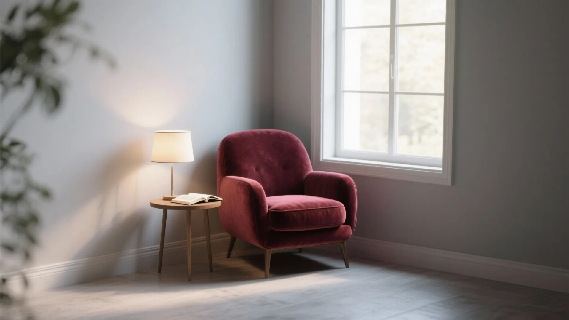Burgundy velvet reading chair in a gray walled corner