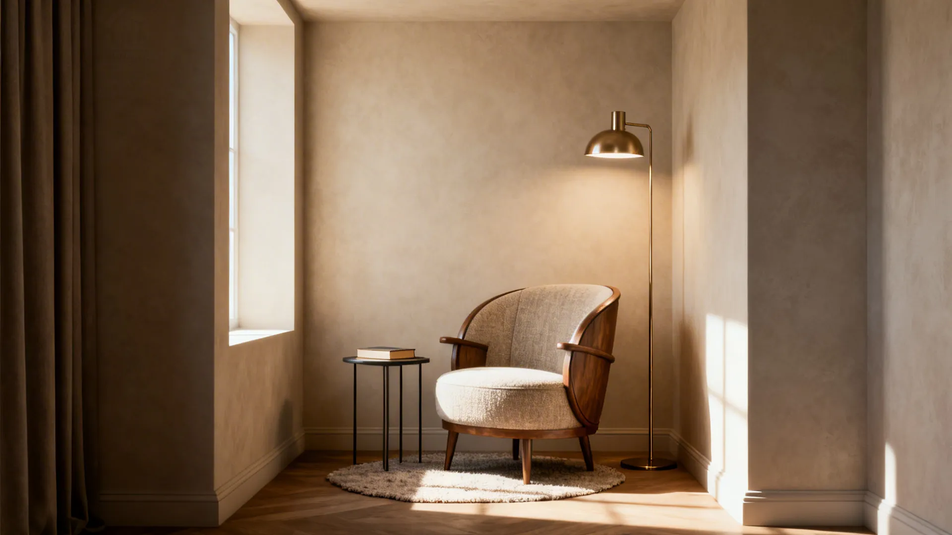 Cozy reading nook formed by a barrel accent chair, floor lamp, and small rug in an alcove.