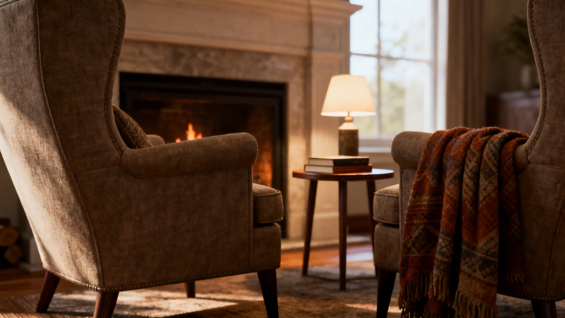 Cozy reading area with two brown armchairs side table with lamp books and a fireplace