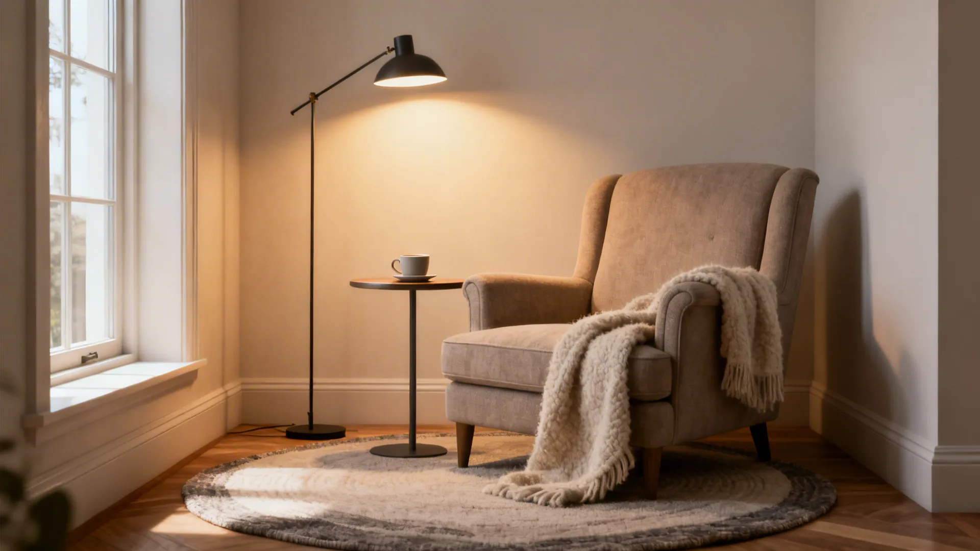 Cozy reading nook with armchair, side table and task lamp by a window