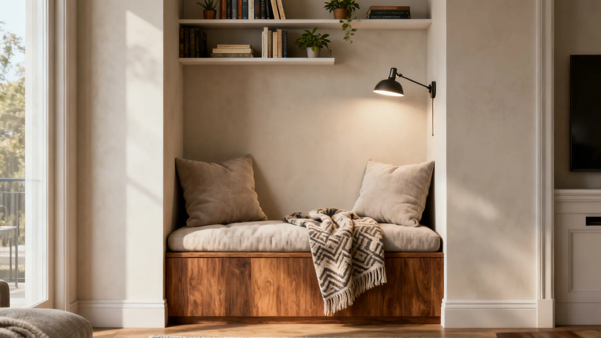 Slim built-in bench reading nook with floating shelves and soft cushions