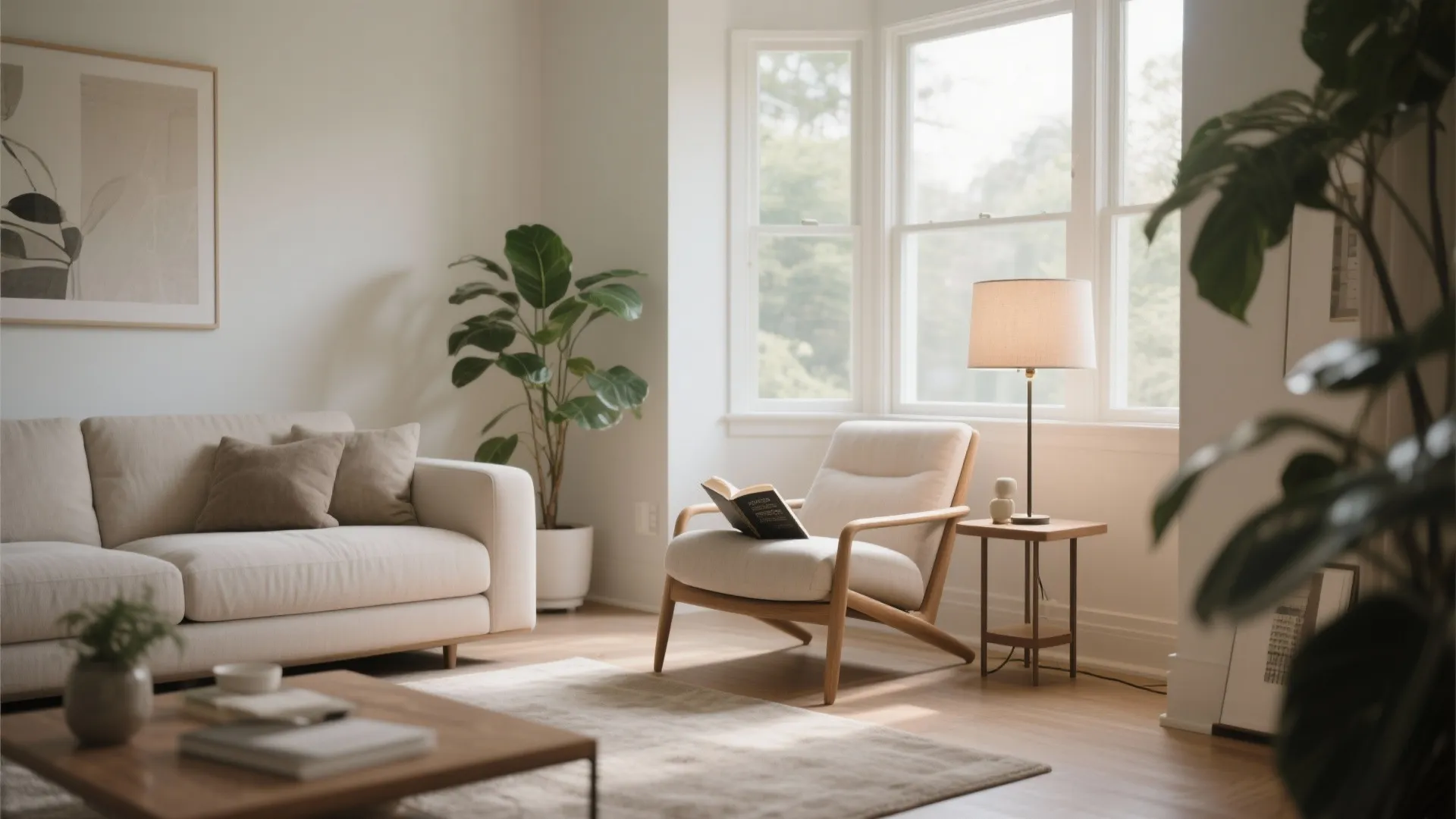 Cozy reading corner with cream armchair wooden side table table light open book and green plant