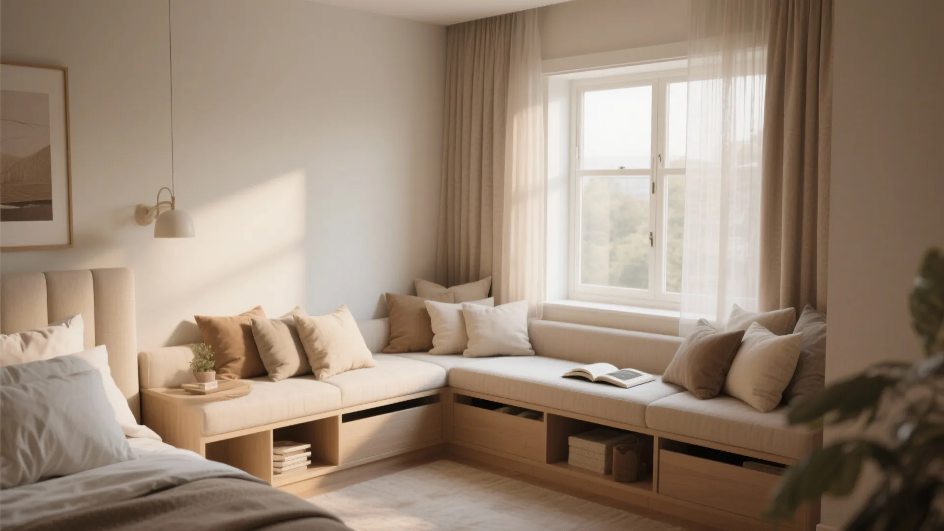 Bedroom corner window reading nook with cushions and sheer curtains