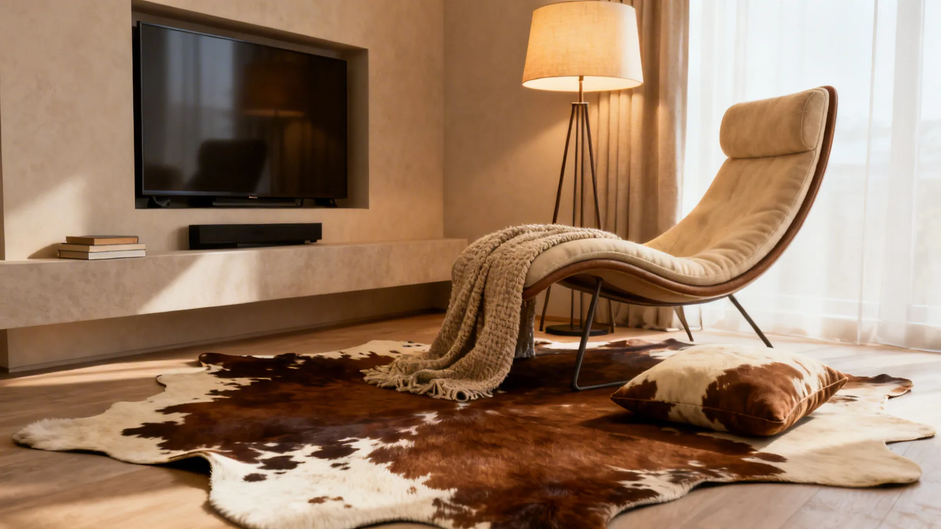 Cozy reading nook with a curved lounge chair and cowhide rug softening a media wall corner.