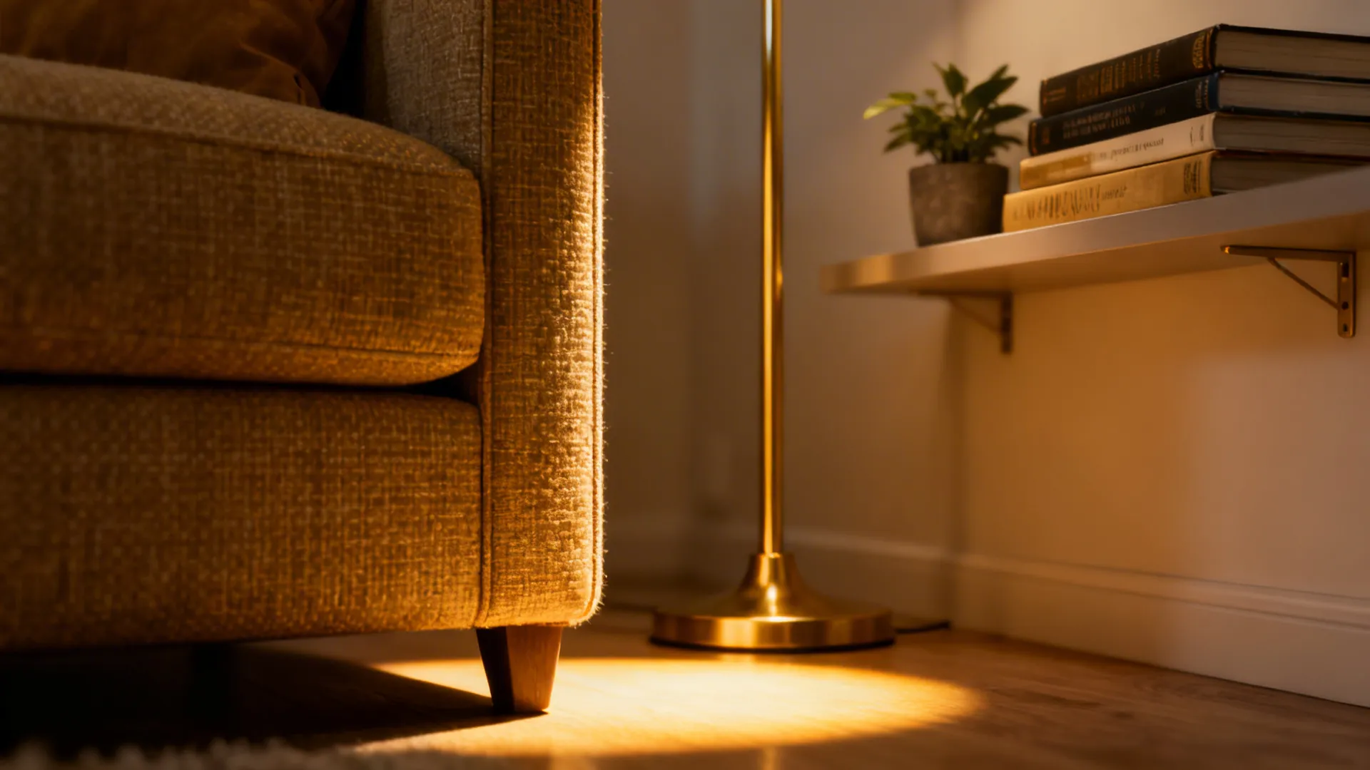 Close-up of a slim armchair with brass floor lamp and floating shelf with books.