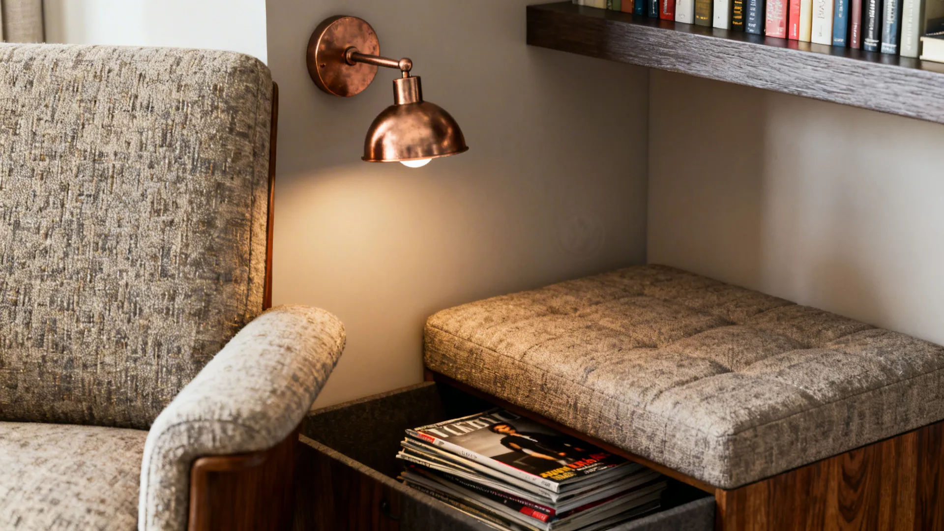 Close-up of chair upholstery, ottoman storage and floating shelf with books under a warm wall lamp.