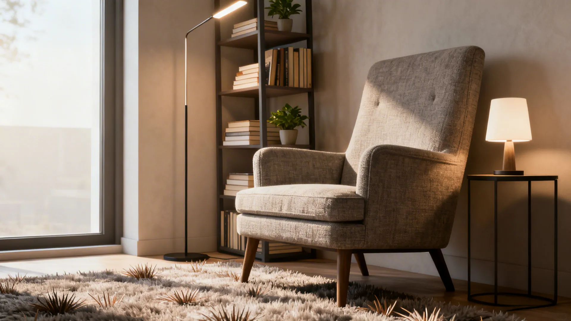Cozy armchair reading nook with layered lamps and a slim bookcase.