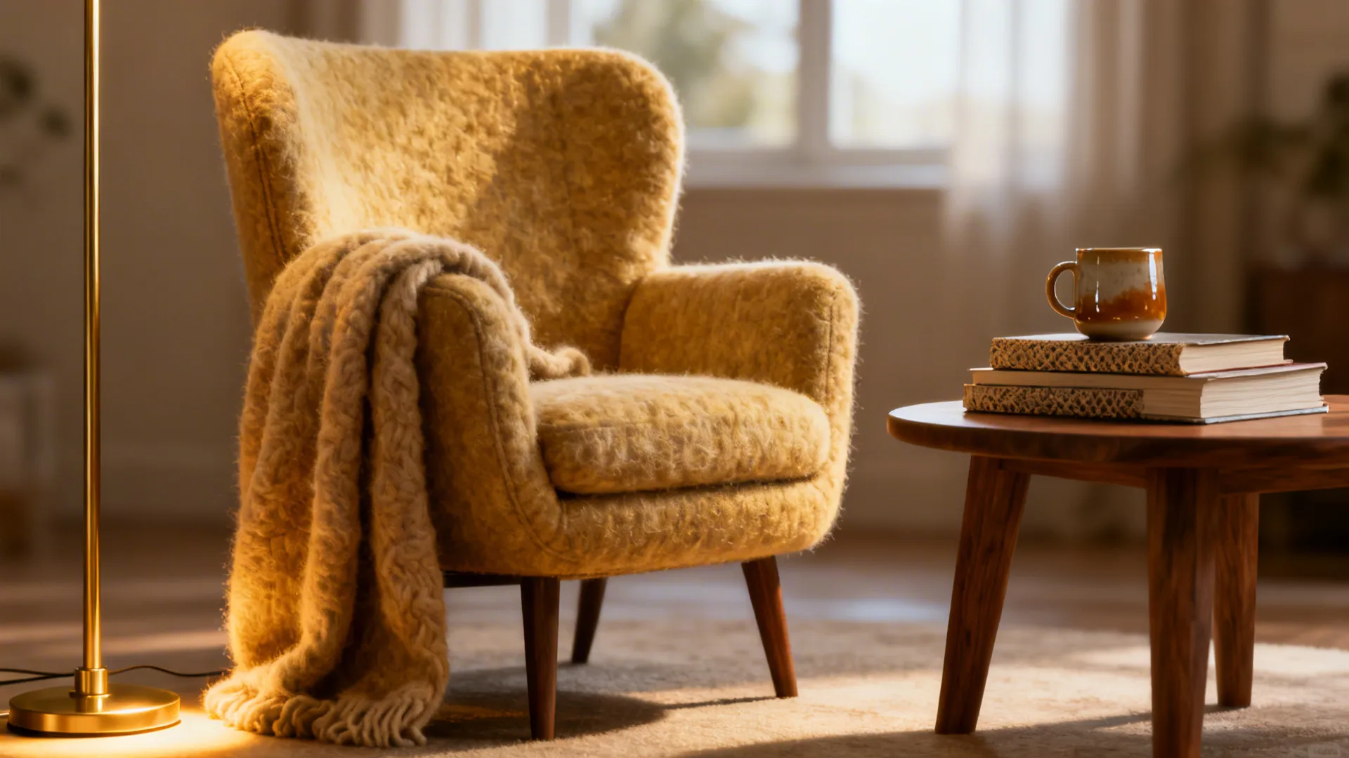 Close-up of a statement chair, wool throw and floor lamp in a cozy reading nook corner