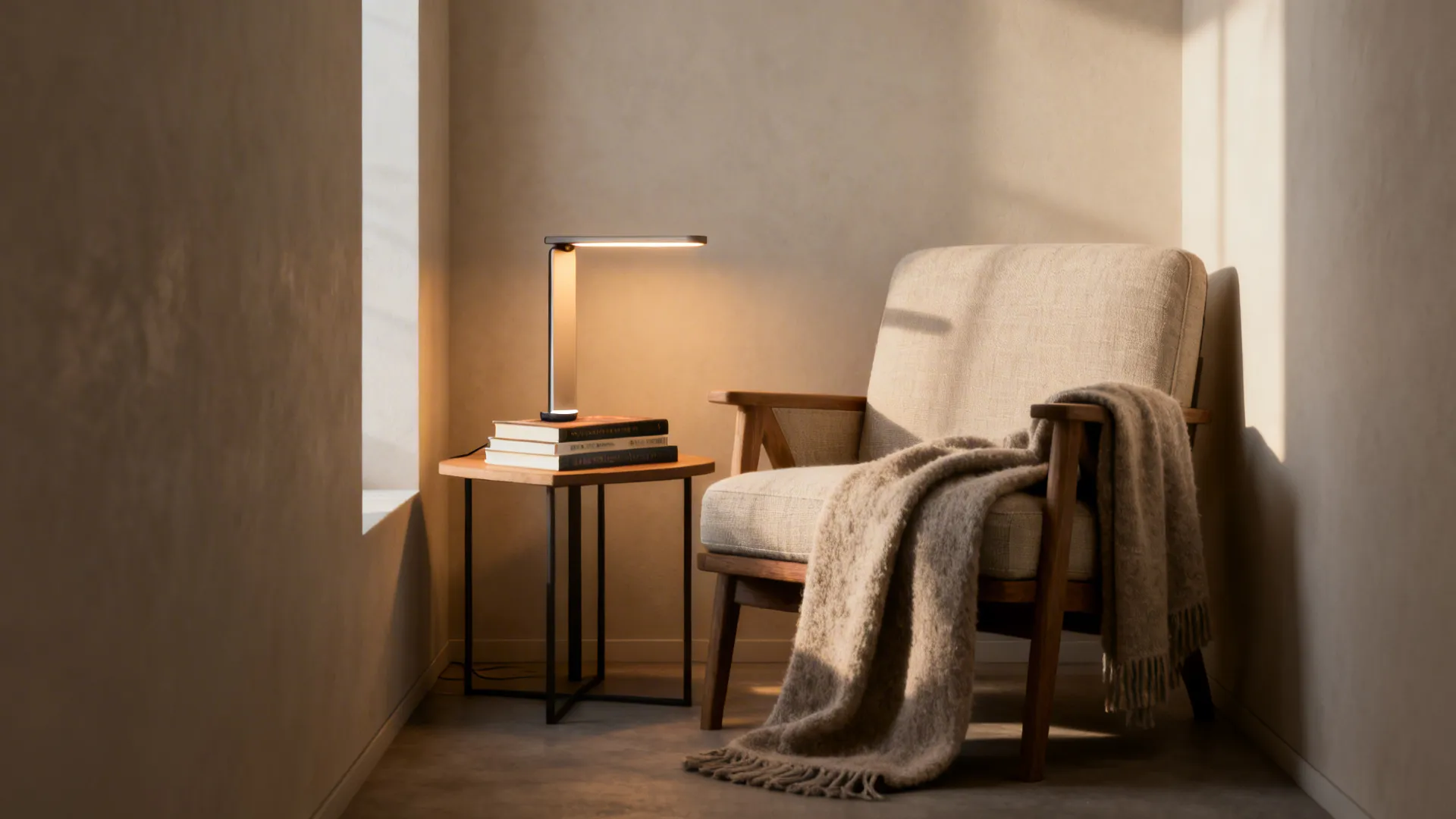 Small reading nook with a slim dimmable wireless touch lamp on a side table next to an armchair.