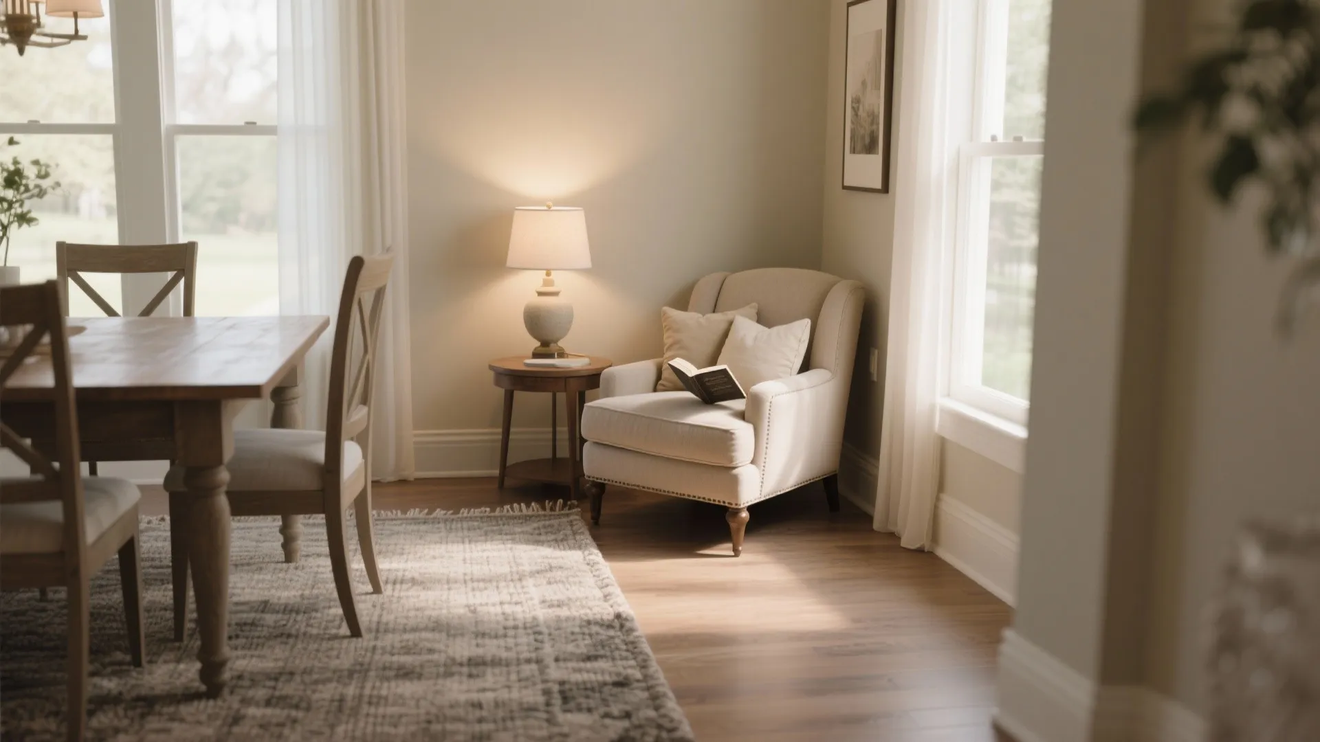 Cozy reading nook with beige armchair small wooden table table lamp and dining area in background