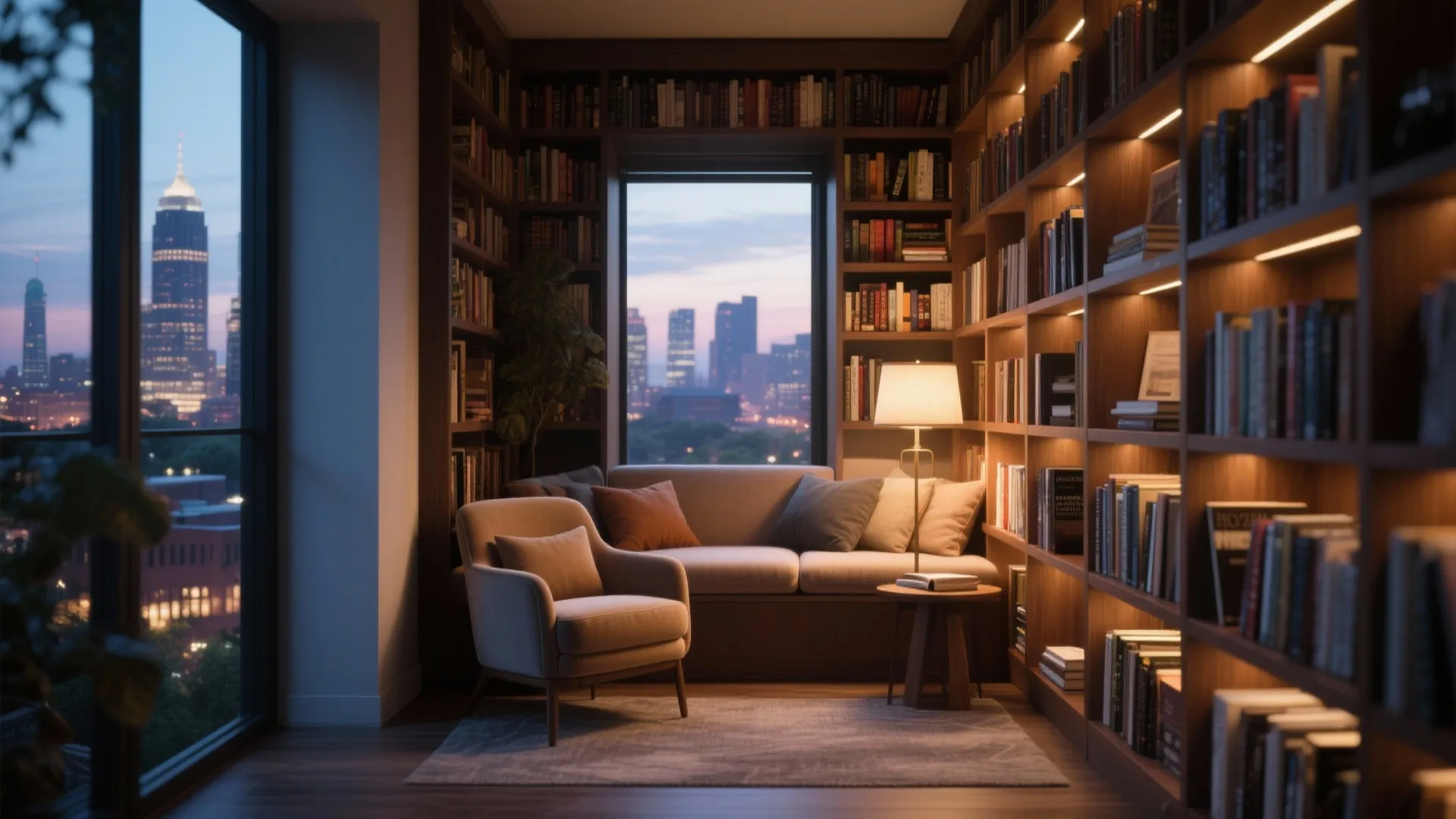 Cozy library with tall bookshelves sofa armchair small table lamp and city view from window
