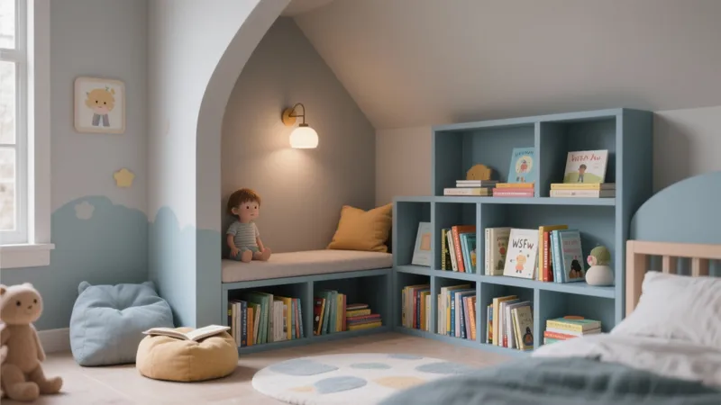Cozy Children’s Reading Nook with Blue Bookshelves