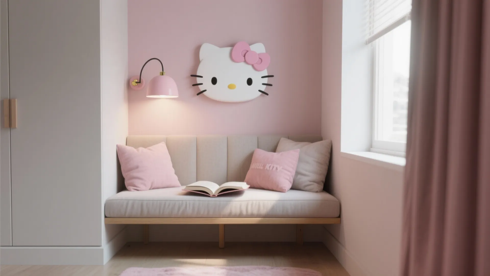 Small pink reading nook with comfortable sofa pink pillows wall light and cute cat decor