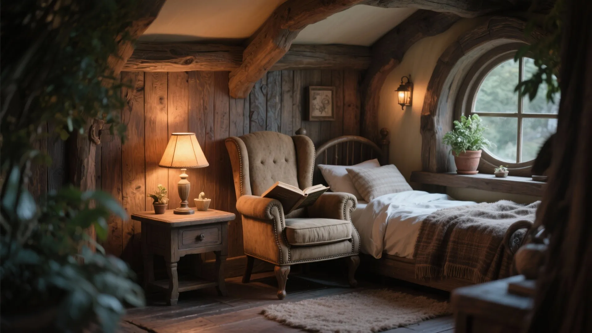 Hobbit-inspired reading nook with armchair and warm lighting