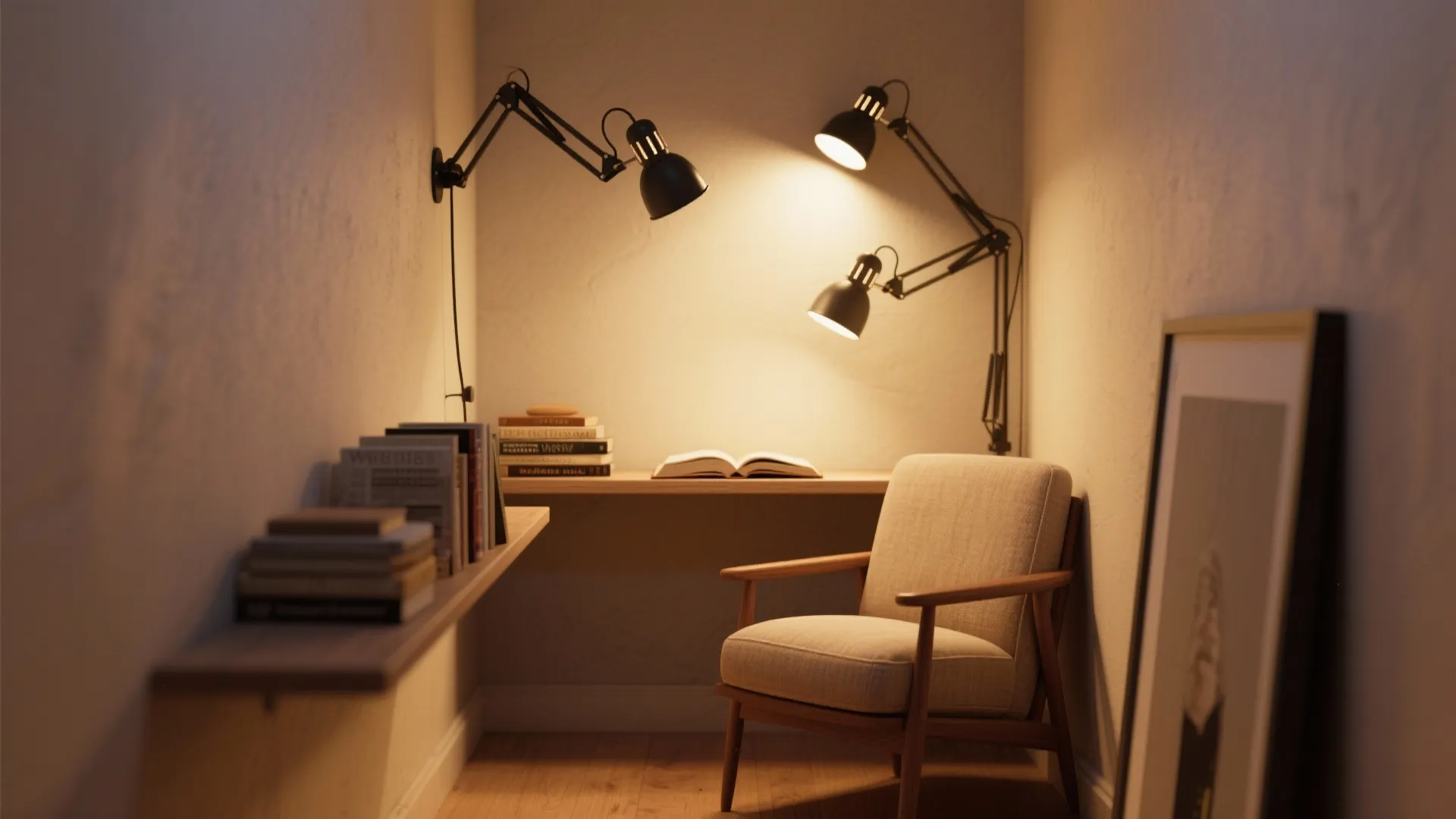 Cozy reading nook with beige sofa chair wooden shelf books and three black adjustable wall lights