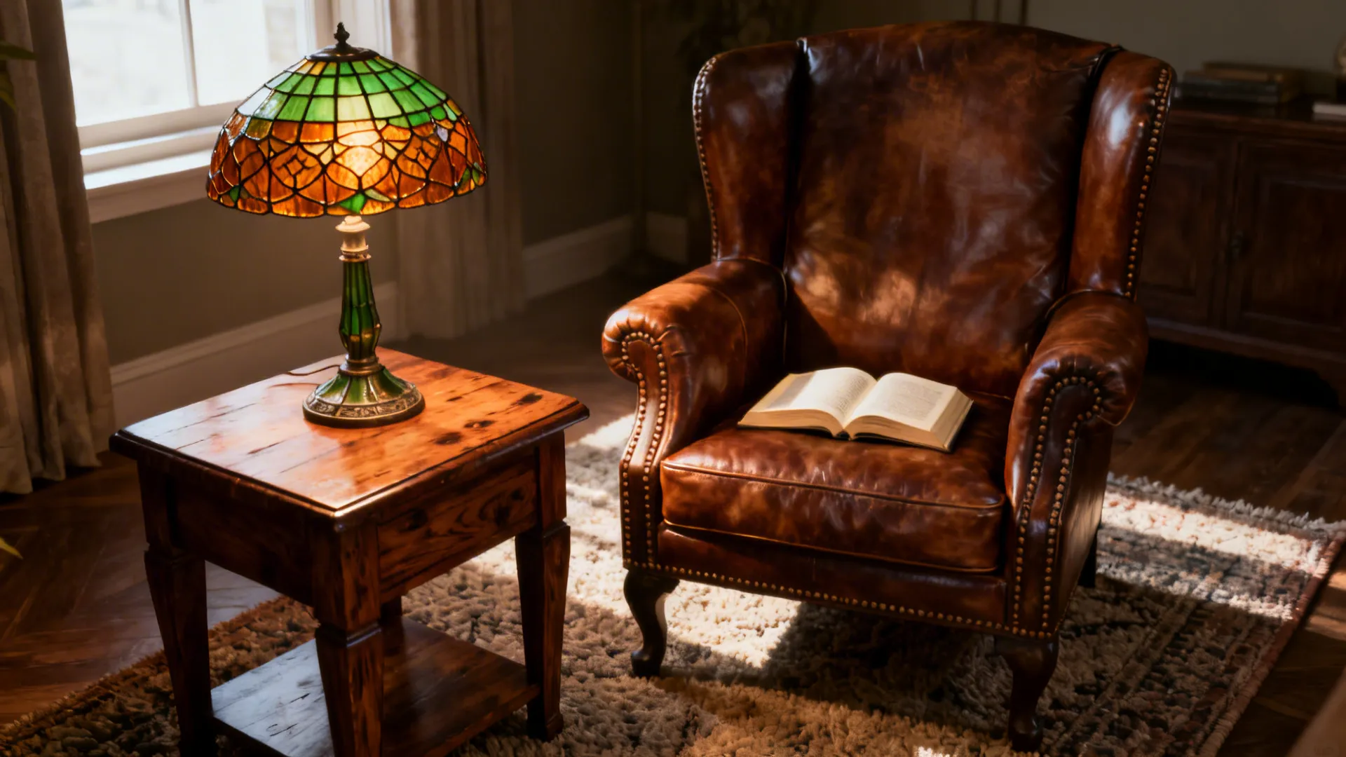 Cozy reading nook with a leather armchair and an amber-green Tiffany lamp casting warm patterned light on a book.