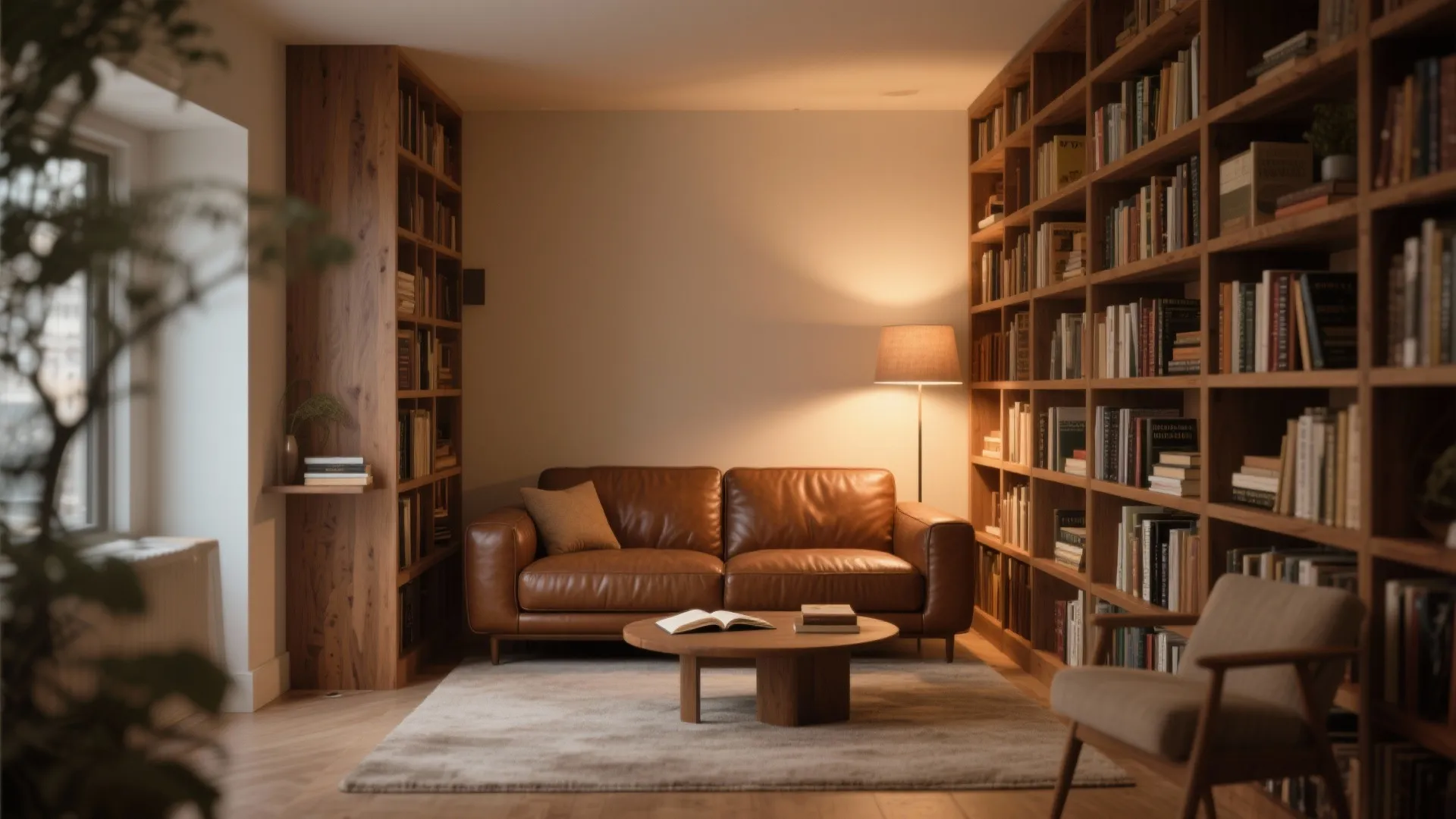 Brown leather loveseat set between bookshelves creating a cozy reading nook