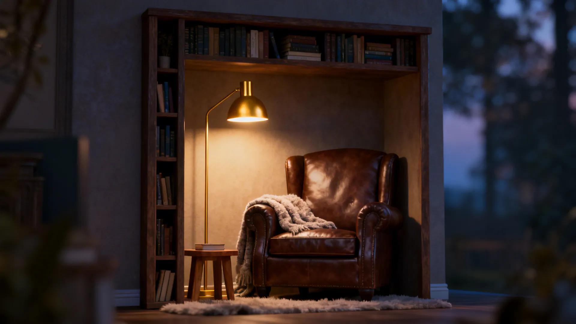 Cozy reading nook with a chocolate leather chair, dimmable floor lamp and bookcase