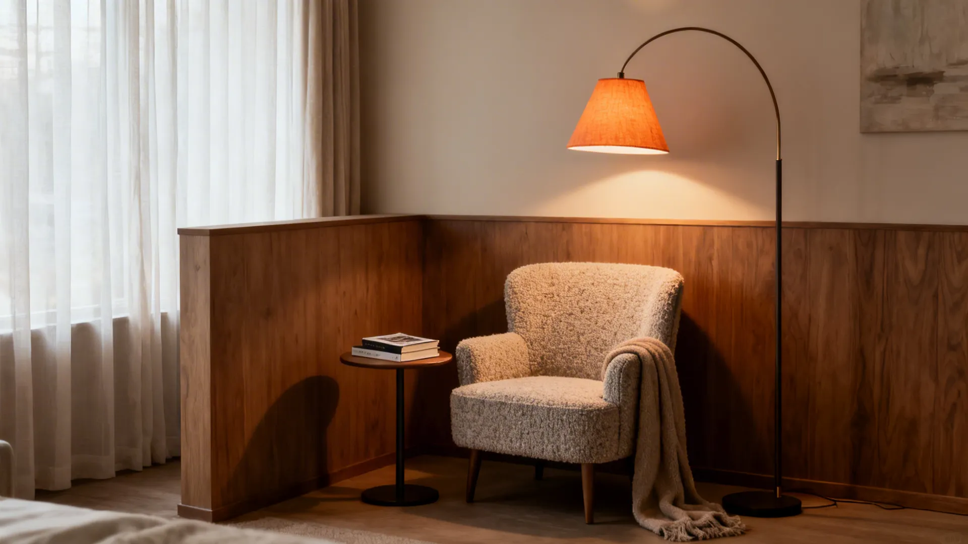 Compact reading nook with boucle chair, side table, and warm arc lamp layered lighting.