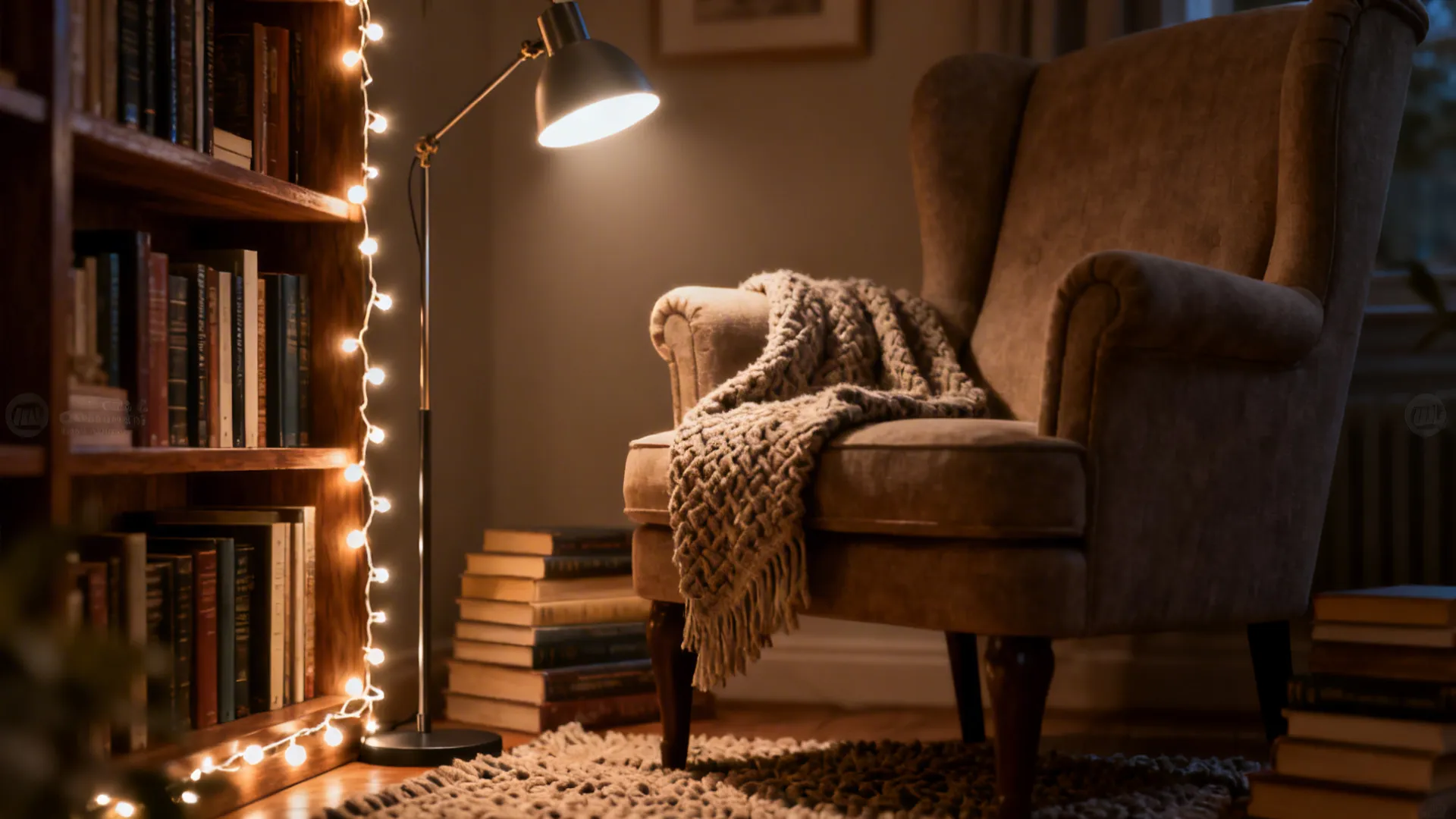 Intimate reading nook with bookshelf edged by warm string lights and a directional lamp.