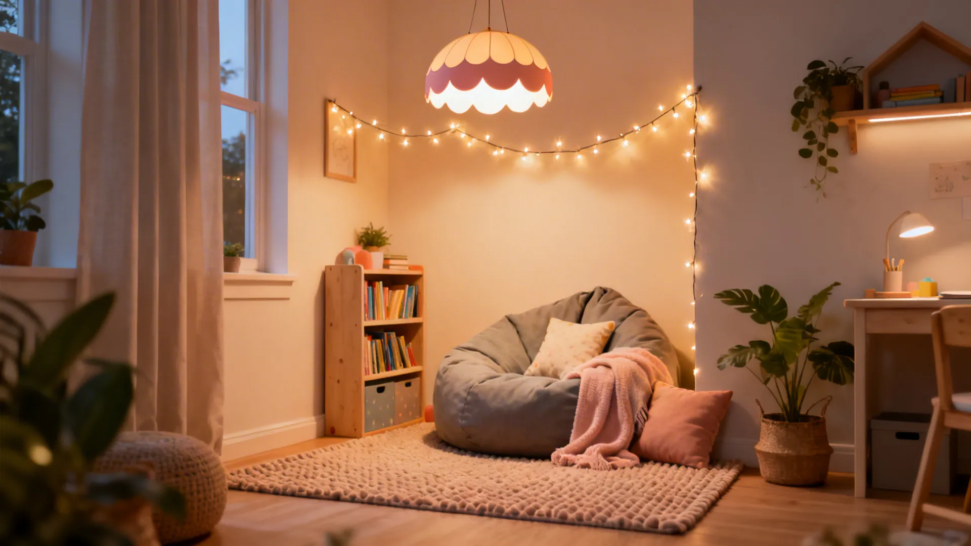 Reading nook with scalloped pendant, fairy lights, beanbag, and a washable rug in warm light.