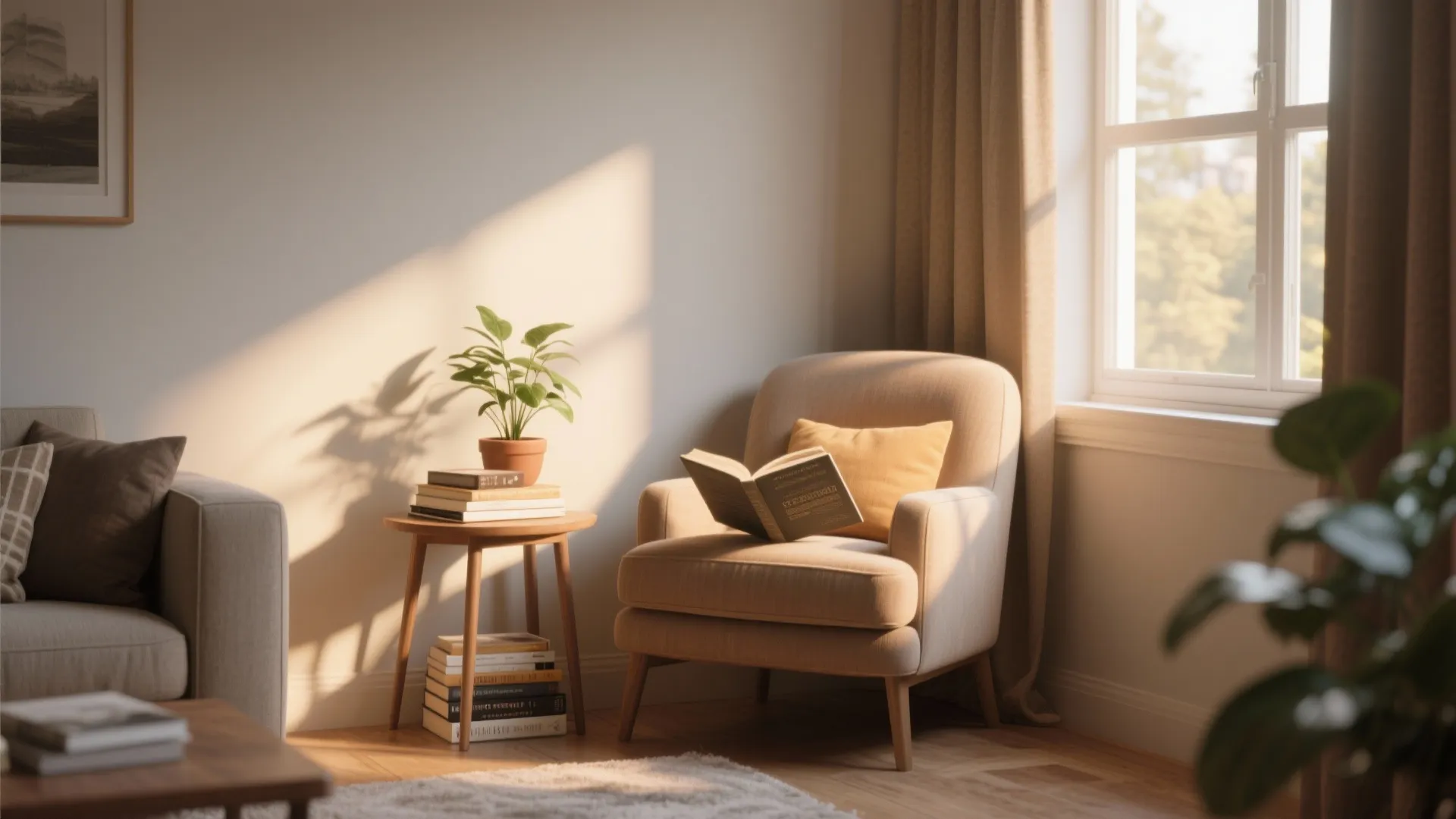 Cozy reading nook featuring beige armchair with open book beside wooden side table and plants