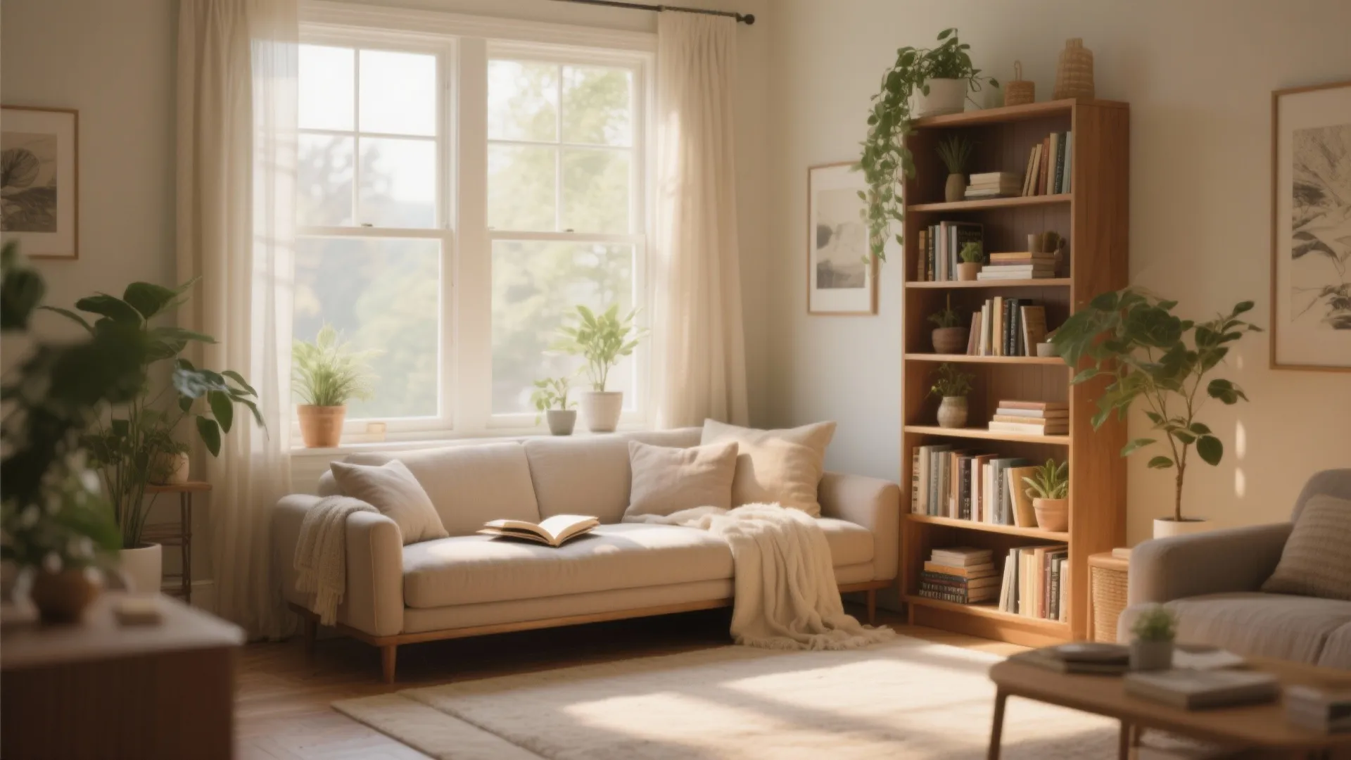 Cozy living room with cream sofa wood bookshelf large window white curtains and green indoor plants